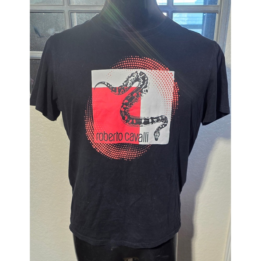 Roberto Cavalli Mens Snake Graphic T-Shirt Black Red Large Short Sleeve Tee